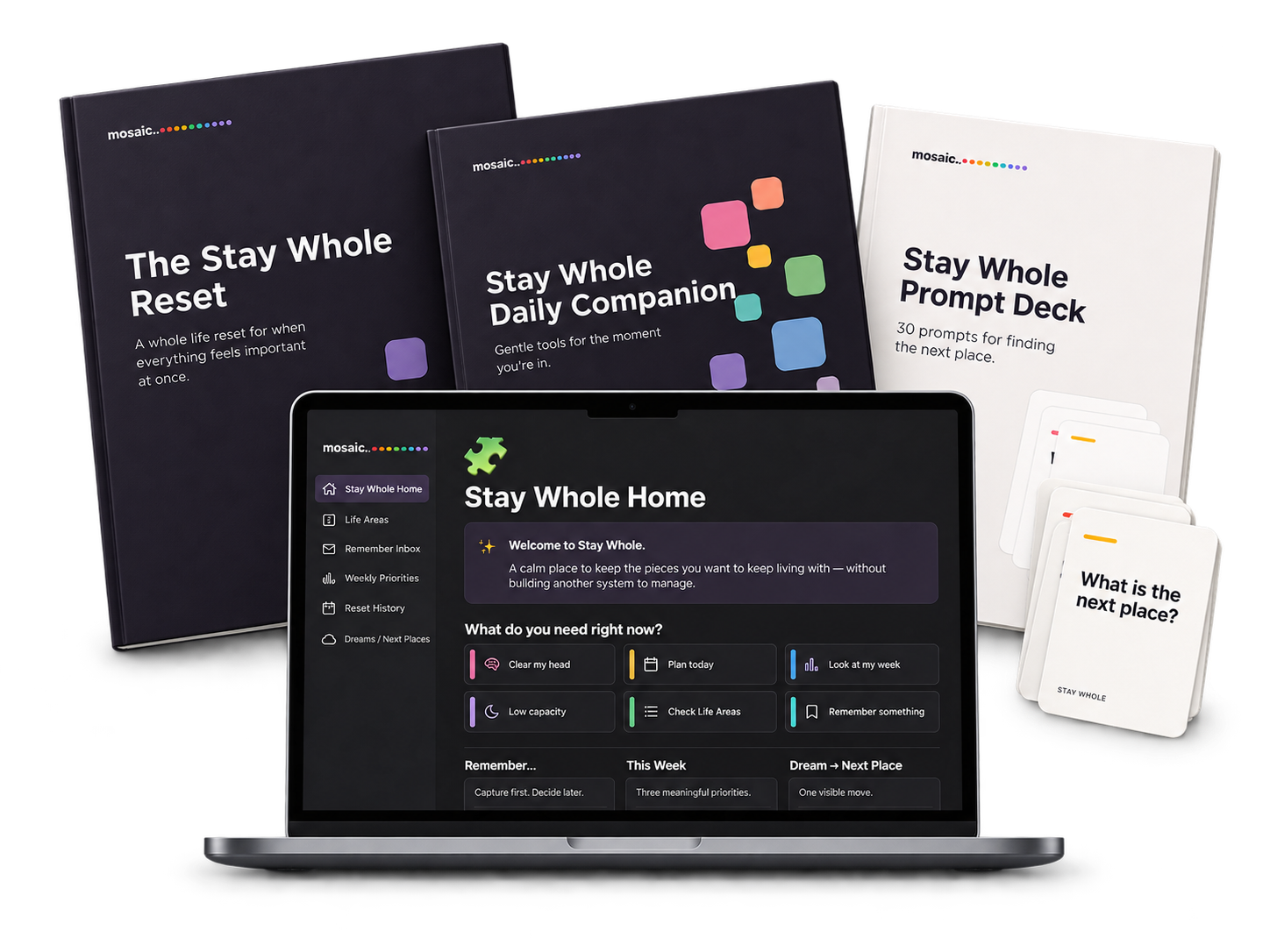 Stay Whole product family: The Stay Whole Reset, Daily Companion, Prompt Deck, and Stay Whole Home workspace
